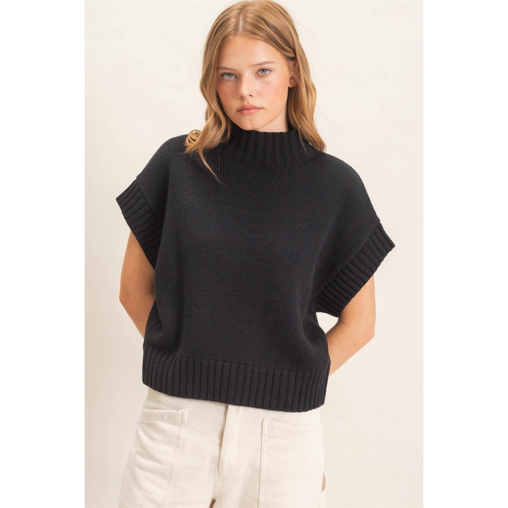 Ribbed Mock Neck Sweater Vest Black