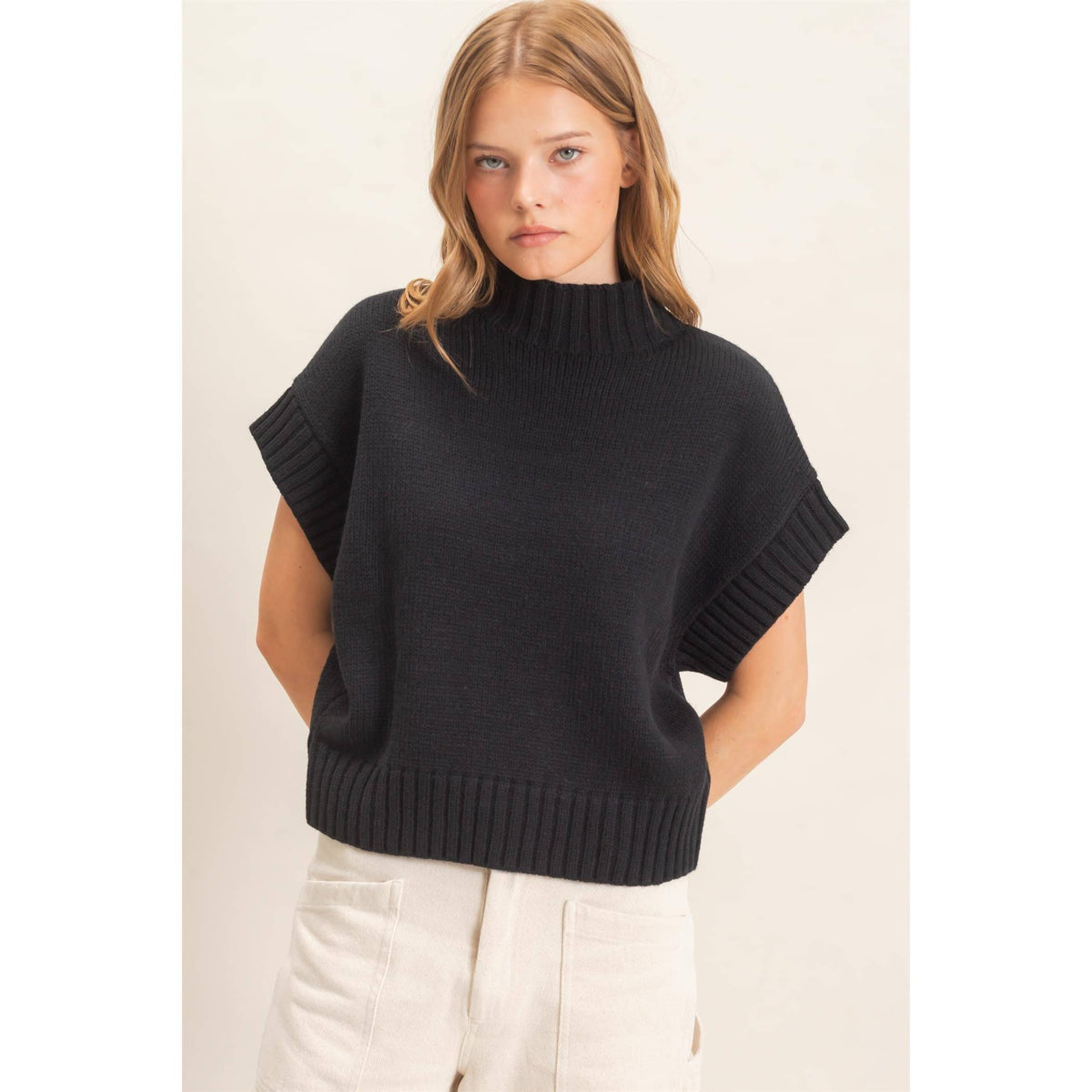 Ribbed Mock Neck Sweater Vest Black