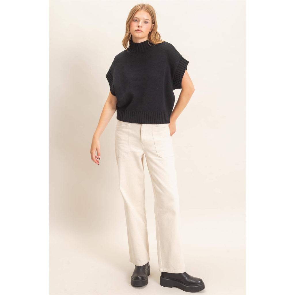 Ribbed Mock Neck Sweater Vest Black
