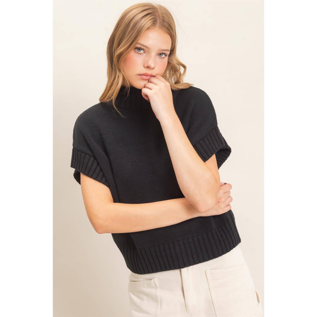 Ribbed Mock Neck Sweater Vest Black